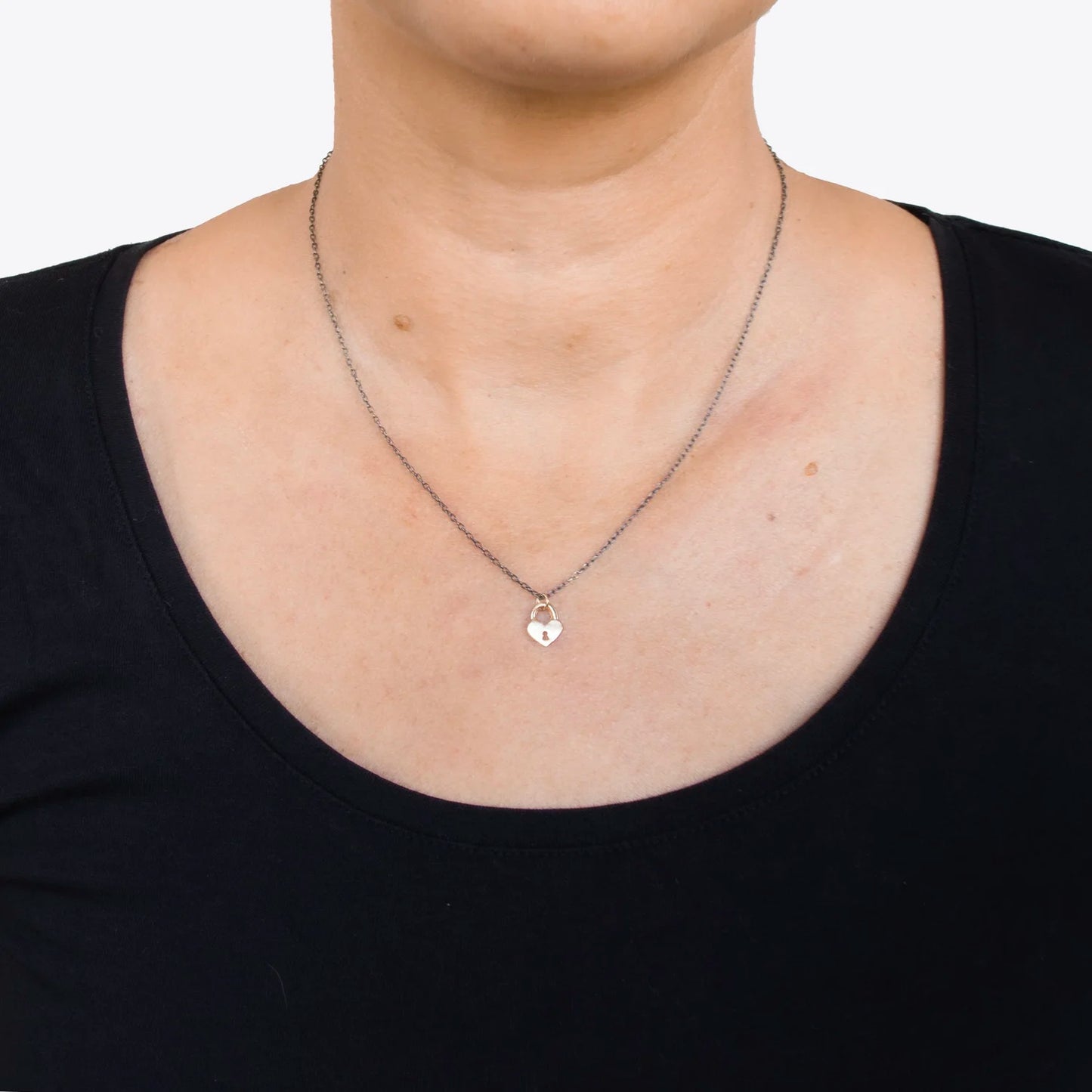 Tiny Heart Lock Necklace – 14k Gold & Oxidized Sterling Silver