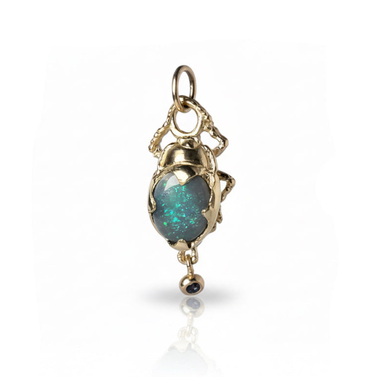 Semi-Black Opal Desert Beetle Charm - 14k Gold