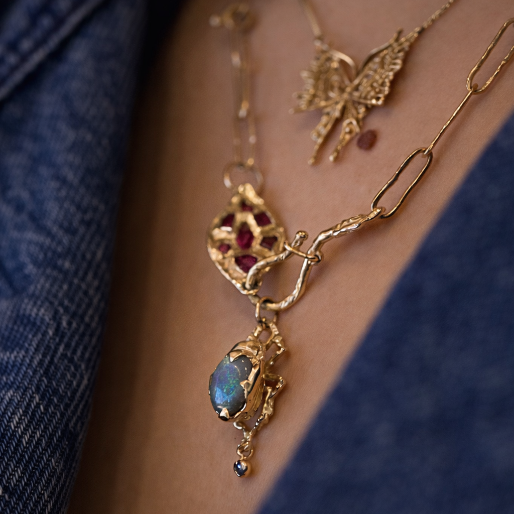 Semi-Black Opal Desert Beetle Charm - 14k Gold