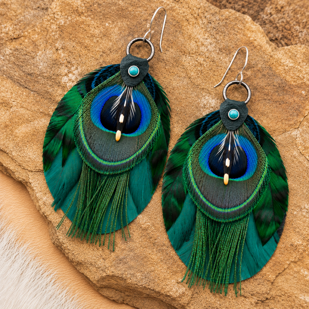 Medallion Peacock Feather Earrings