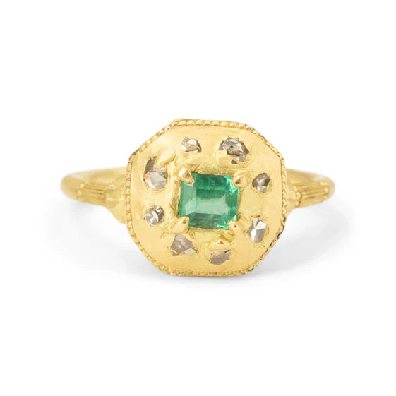 Petite Emerald & Baroque Diamond Relic Ring - 18k Gold
