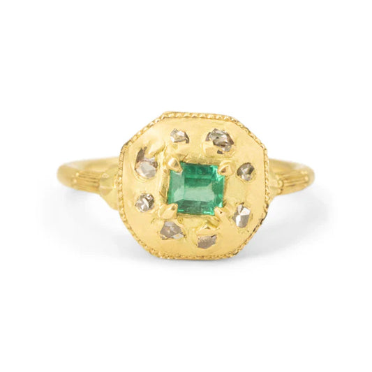 Petite Emerald & Baroque Diamond Relic Ring - 18k Gold