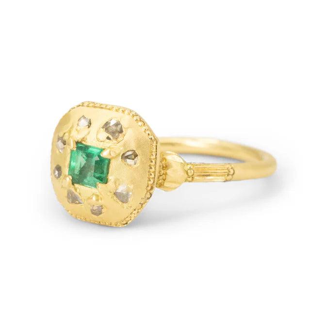 Petite Emerald & Baroque Diamond Relic Ring - 18k Gold