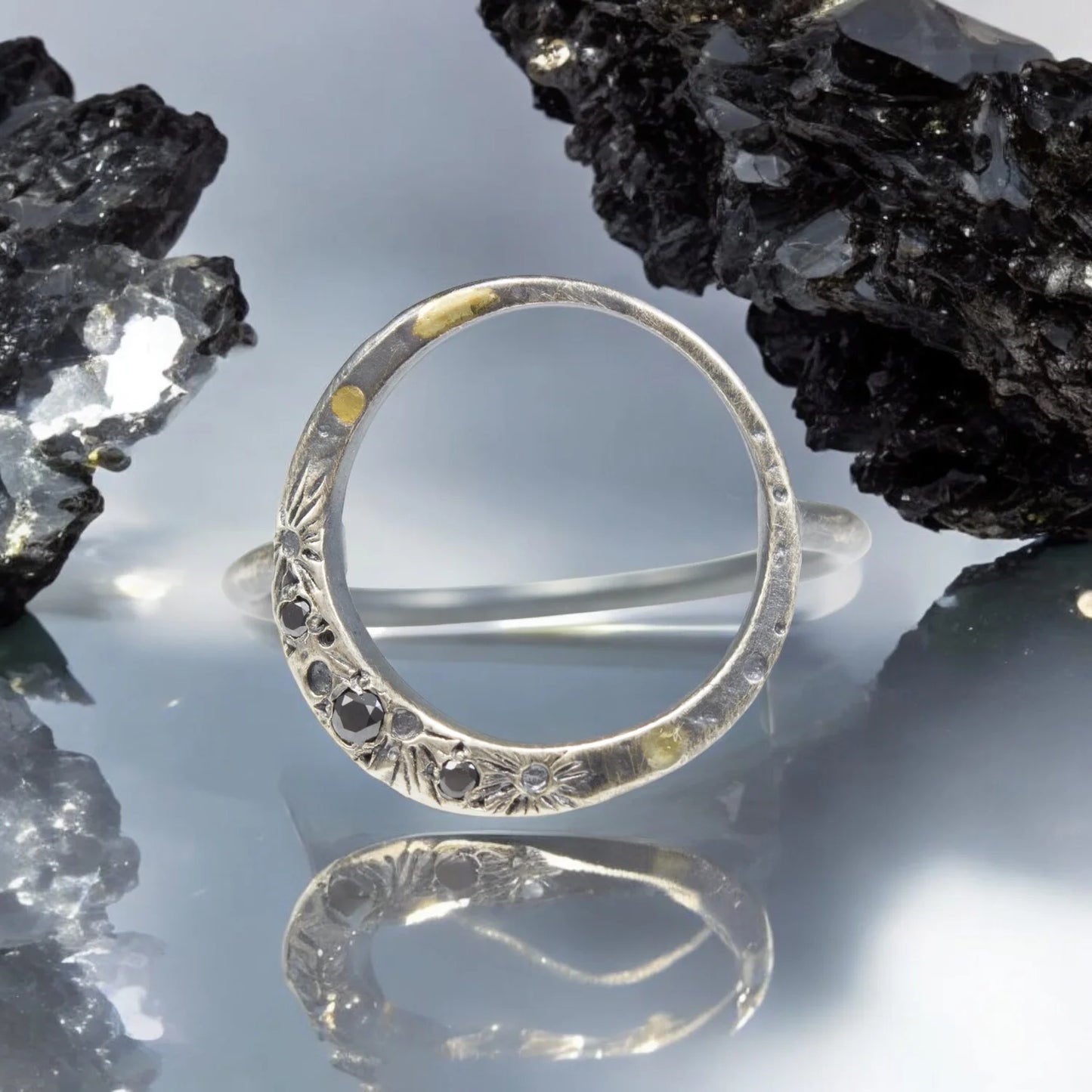 Mahina Crescent Moon Ring - Sterling Silver & 18k Gold - Black Diamonds