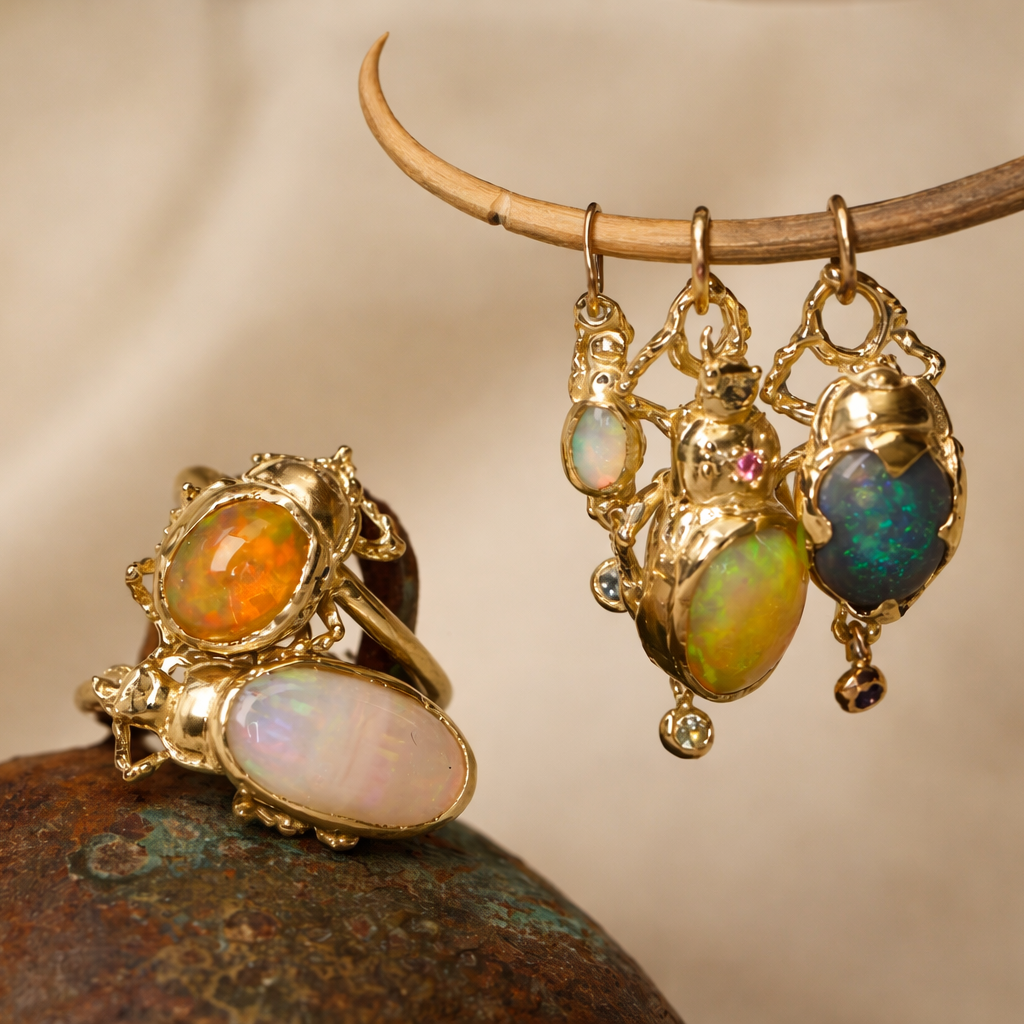 Pinacate Opal Beetle Ring - 14k Gold
