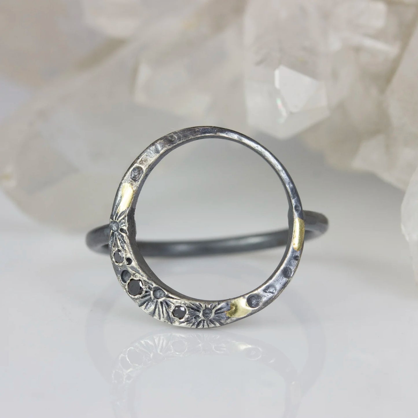 Mahina Crescent Moon Ring - Sterling Silver & 18k Gold - Black Diamonds