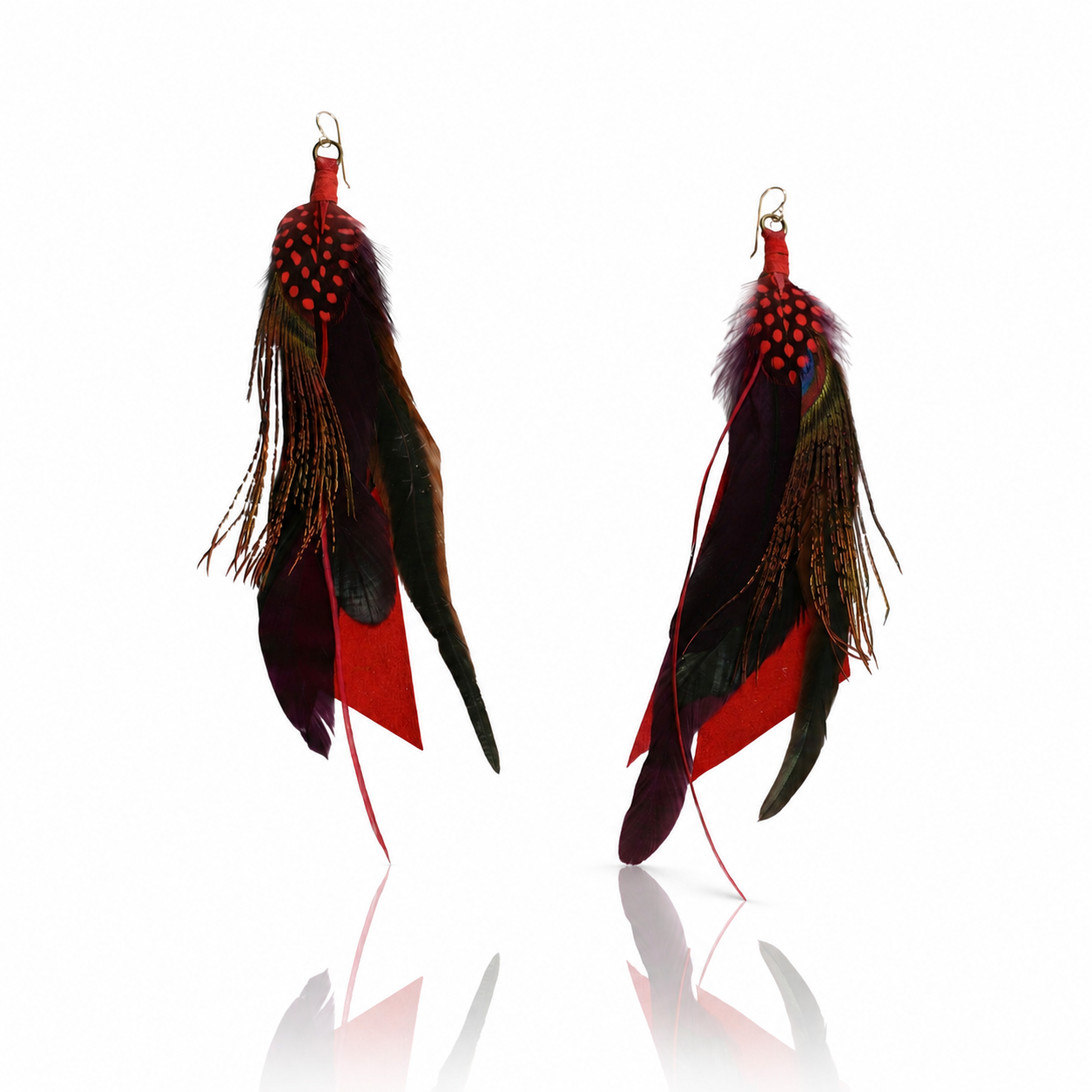 Red Feather Drop Earrings - Repurposed Leather & 14k Gold Fill