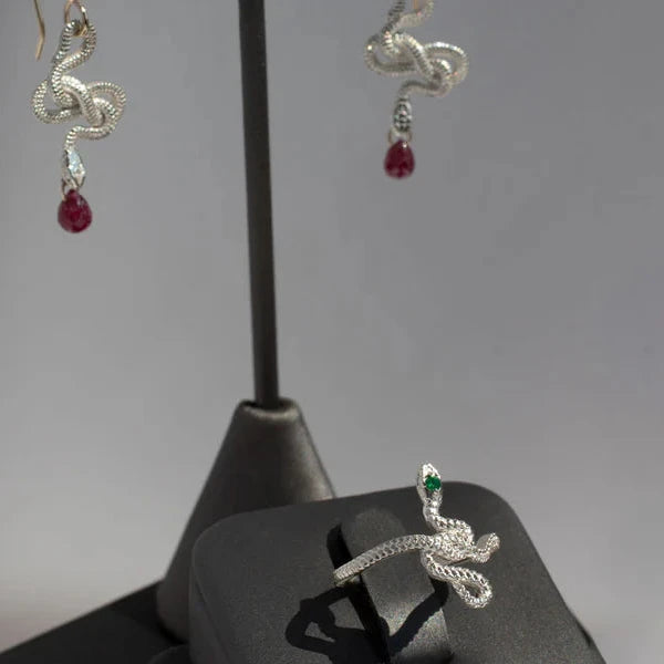 Snake Guardian Ring - Sterling Silver Zambian Emerald Talisman Ring