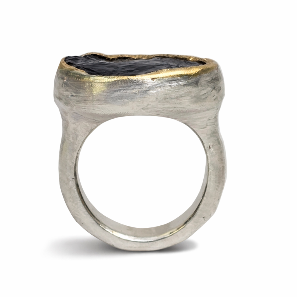 Rough Black Tourmaline Shine Ring - Sterling Silver & 22k Gold