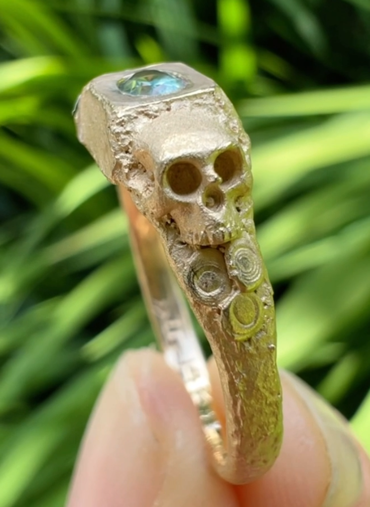 Skull Temple Ring -14k Gold & Oval Sapphire