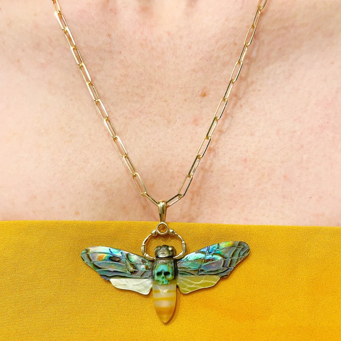 Death’s Head Hawk Moth Charm – Shell, Jasper & 14k Gold