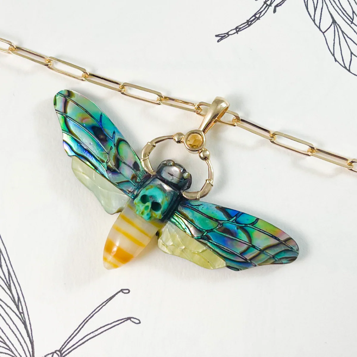 Death’s Head Hawk Moth Charm – Shell, Jasper & 14k Gold