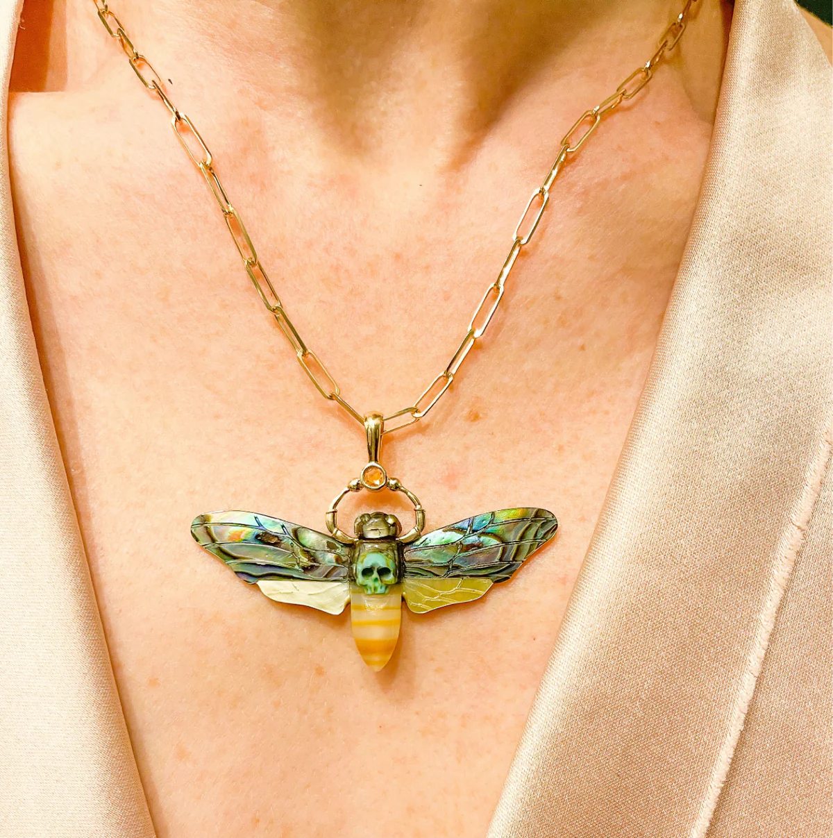 Death’s Head Hawk Moth Charm – Shell, Jasper & 14k Gold