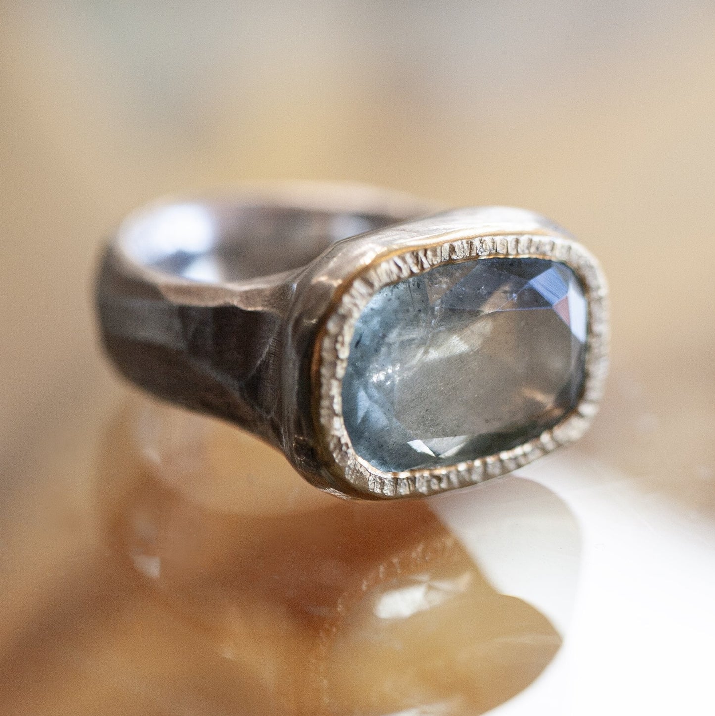 Aquamarine Shine Ring • Sterling Silver • 22k Gold Bezel