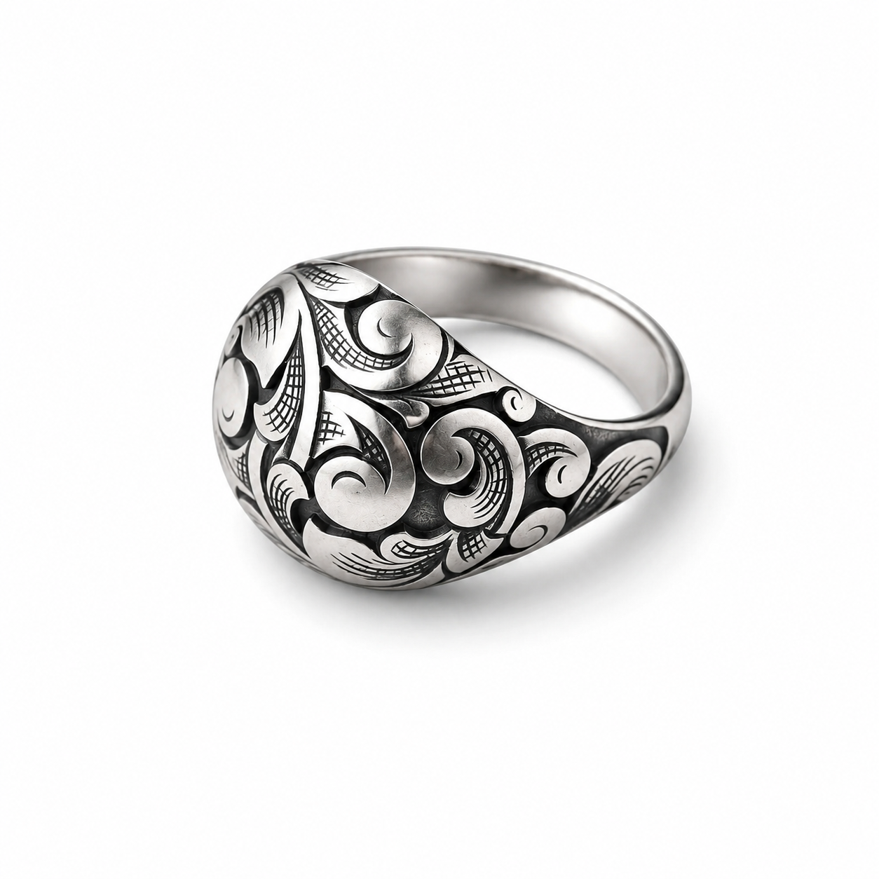 Silver Scroll Bombe Ring - Hand Engraved Sterling Silver