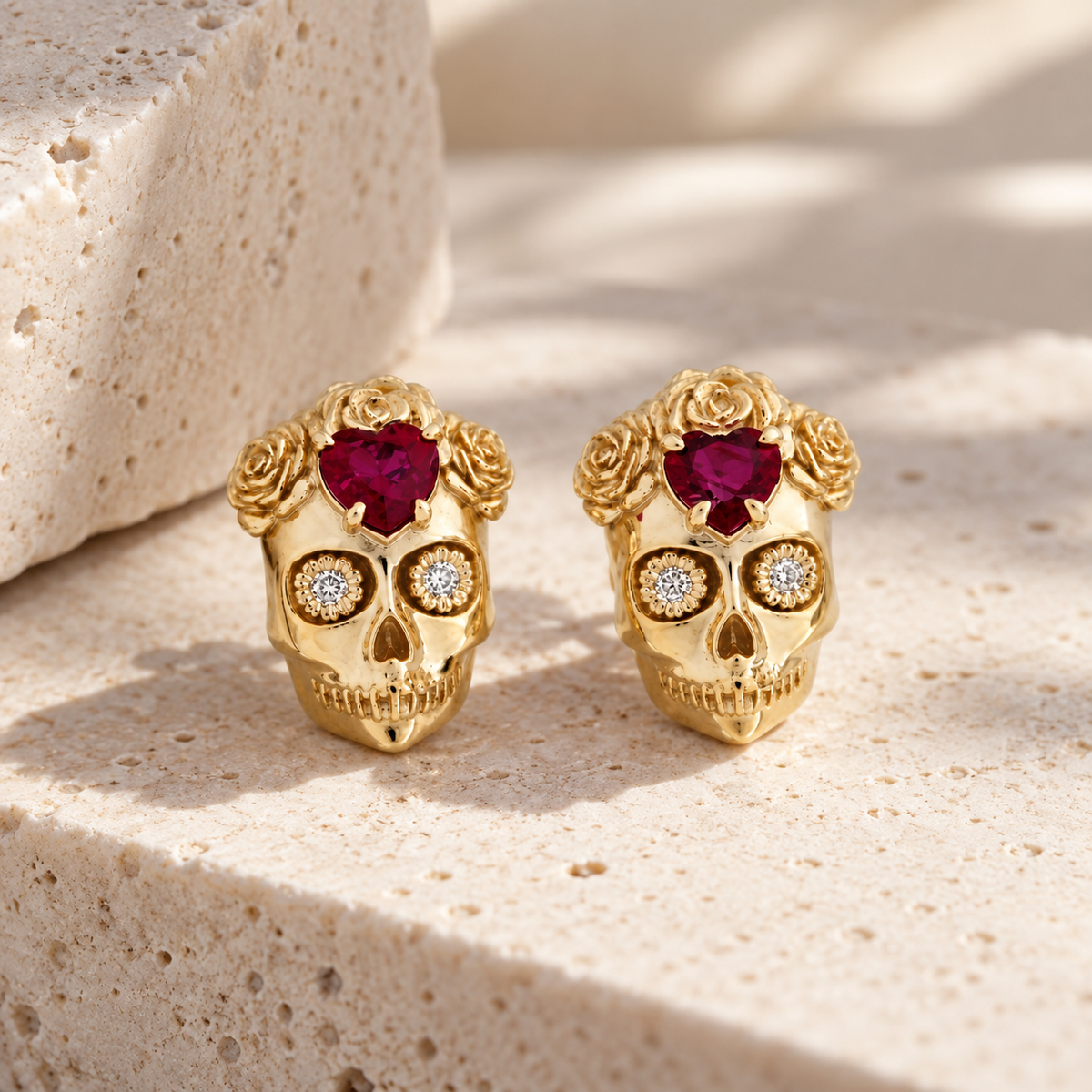 La Flora Skull Stud Earrings - 14k Gold - Ruby & Diamonds