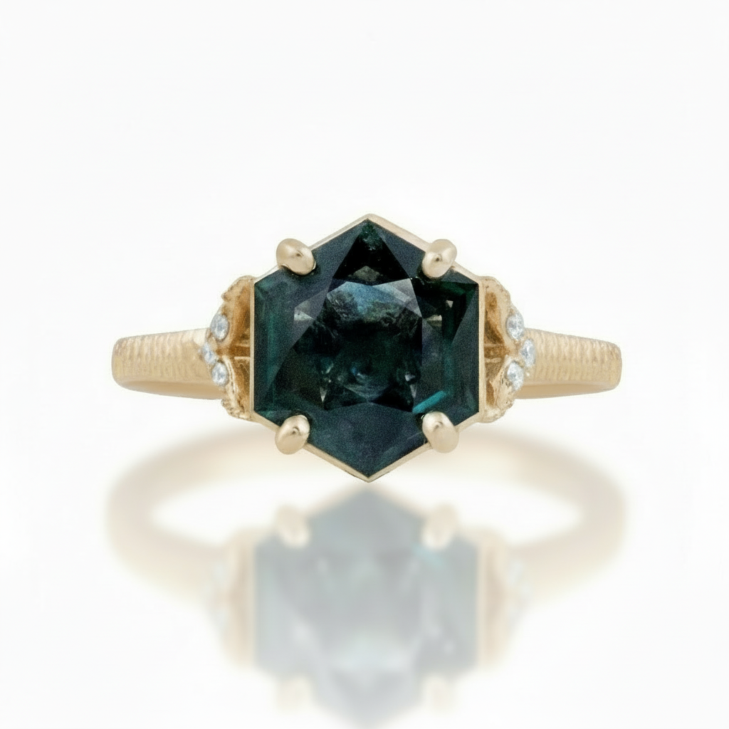 Sway Hexagon Sapphire Ring - 14k Yellow Gold Blue-Green Sapphire Engagement Ring
