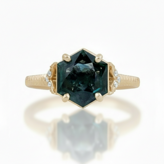 Sway Hexagon Sapphire Ring - 14k Yellow Gold Blue-Green Sapphire Engagement Ring