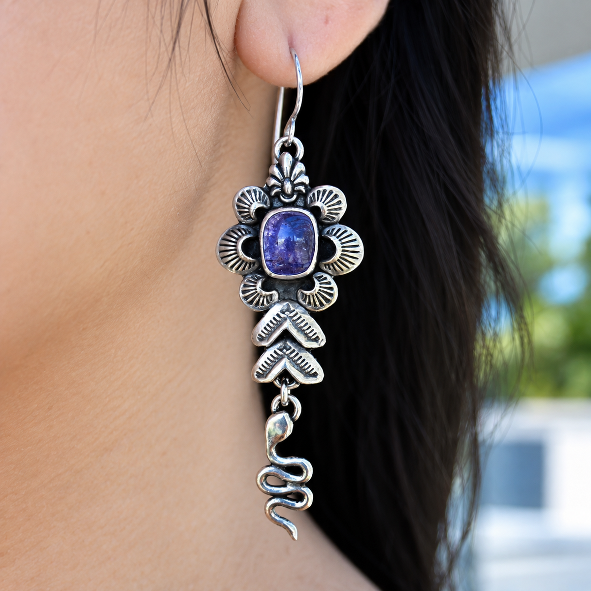 Tanzanite Flower & Snake Statement Earrings