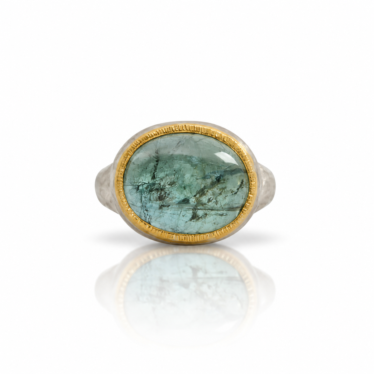 Teal Tourmaline Cabochon Ring - Sterling Silver & 22k Gold