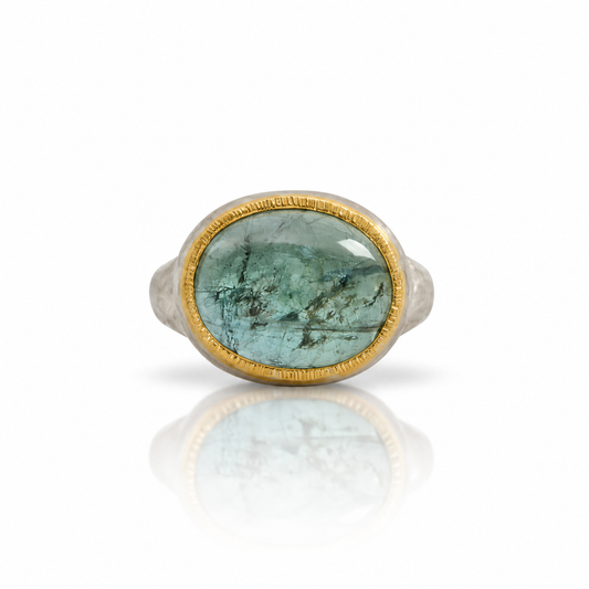 Teal Tourmaline Cabochon Ring - Sterling Silver & 22k Gold