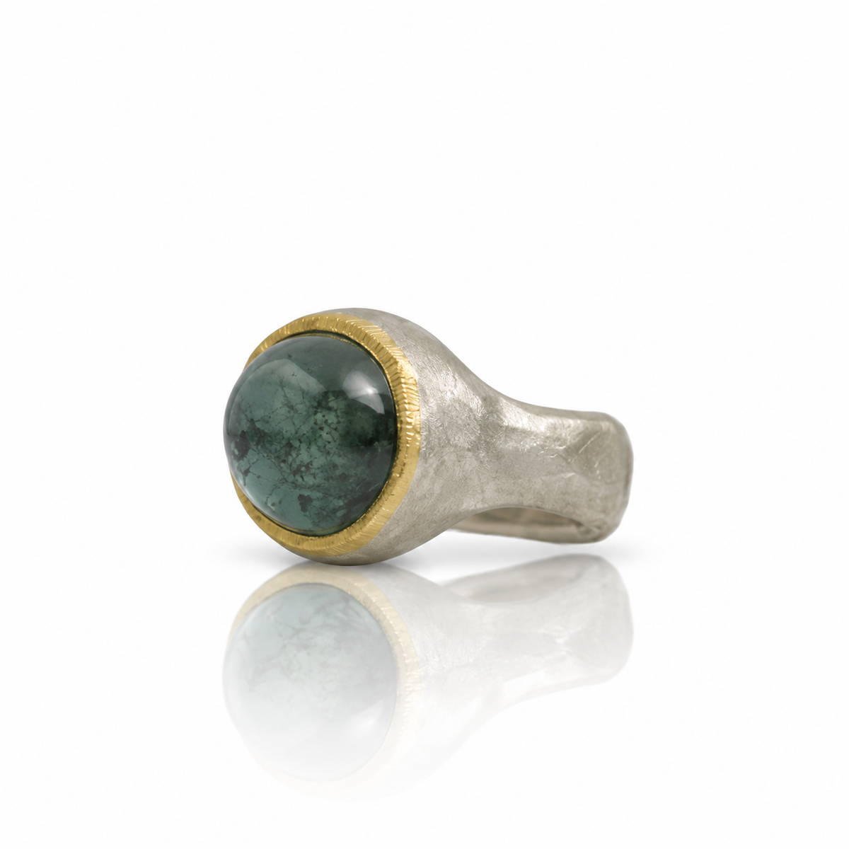 Teal Tourmaline Cabochon Ring - Sterling Silver & 22k Gold