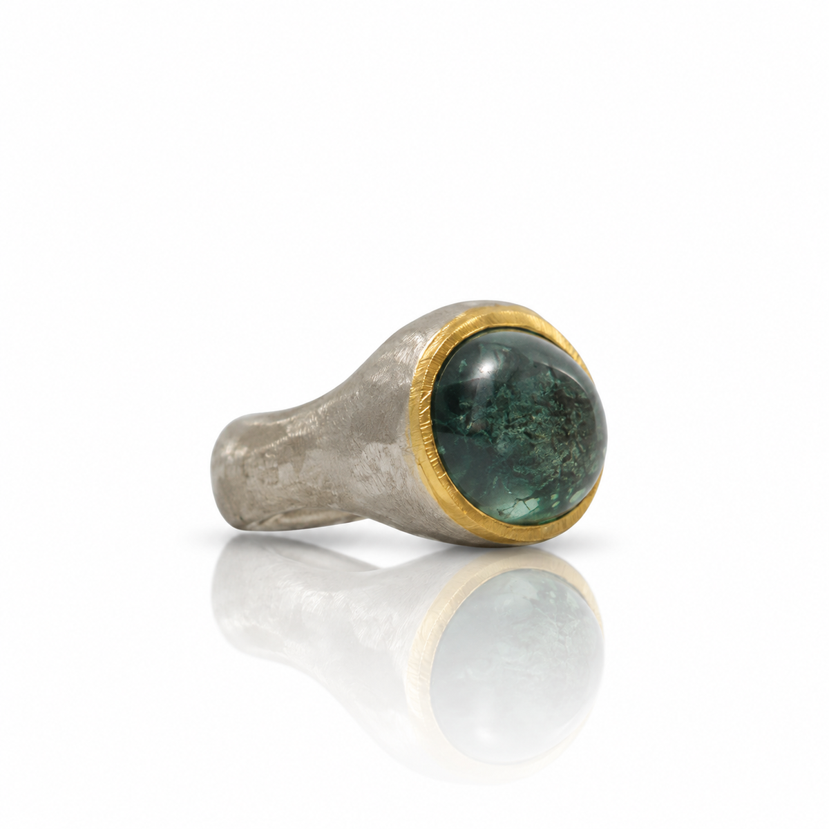 Teal Tourmaline Cabochon Ring - Sterling Silver & 22k Gold