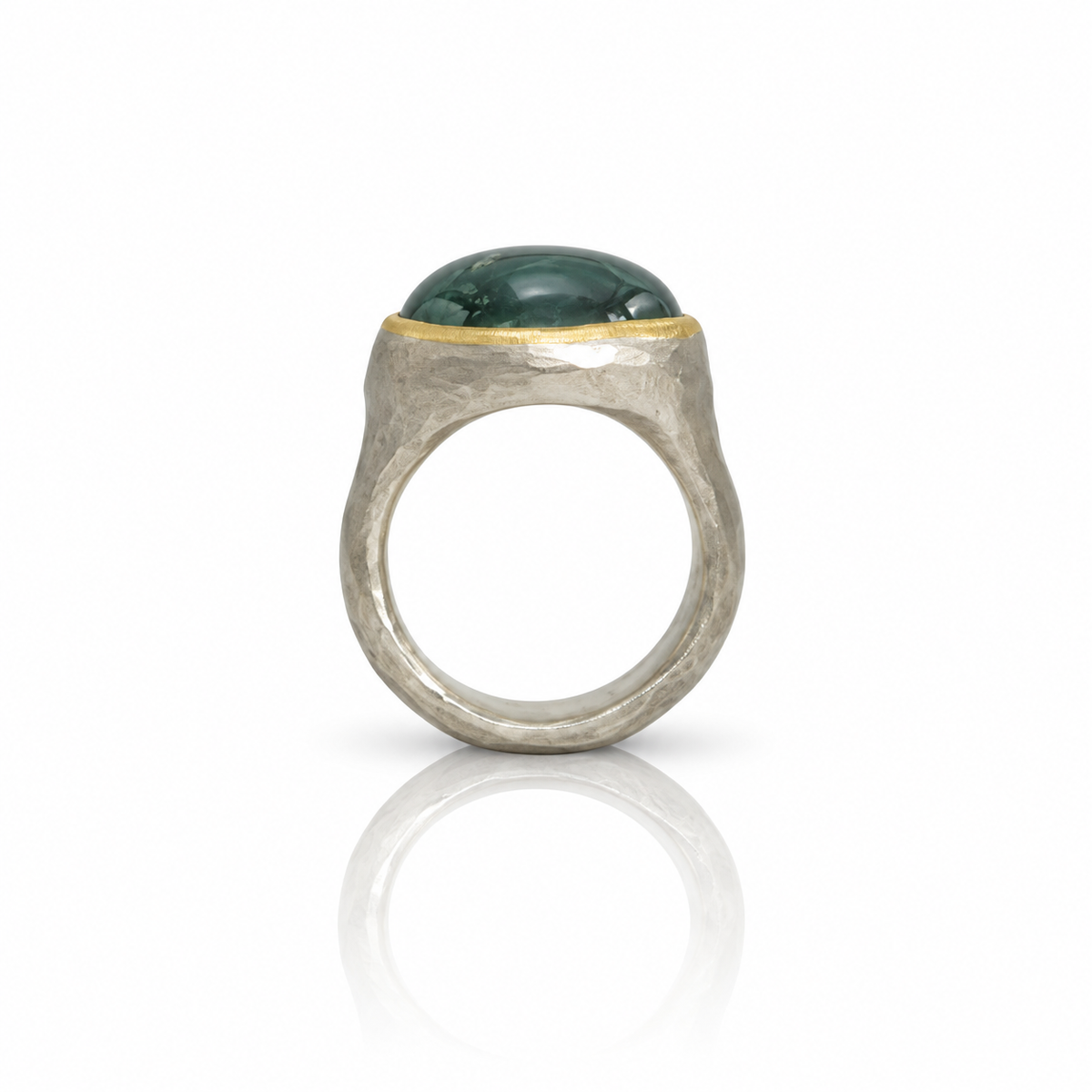 Teal Tourmaline Cabochon Ring - Sterling Silver & 22k Gold