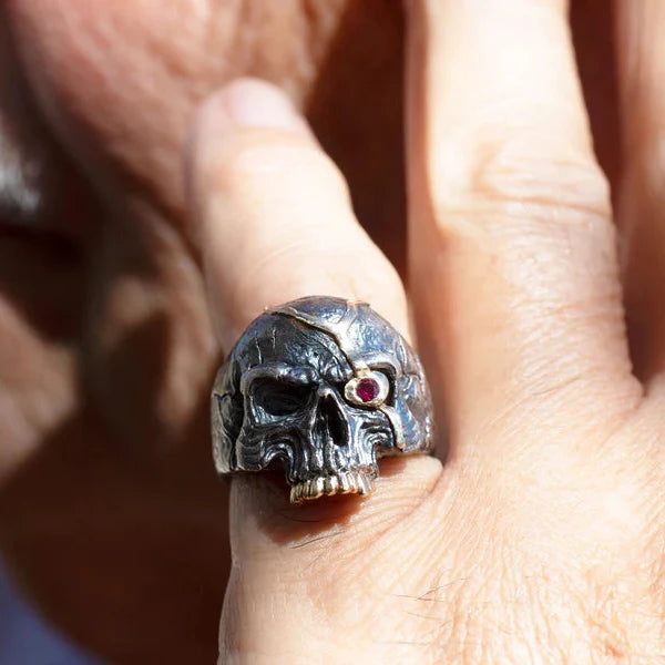 Skull Ring “Macbeth’s Fate” - Oxidized Silver & 14k Gold with Ruby Eye