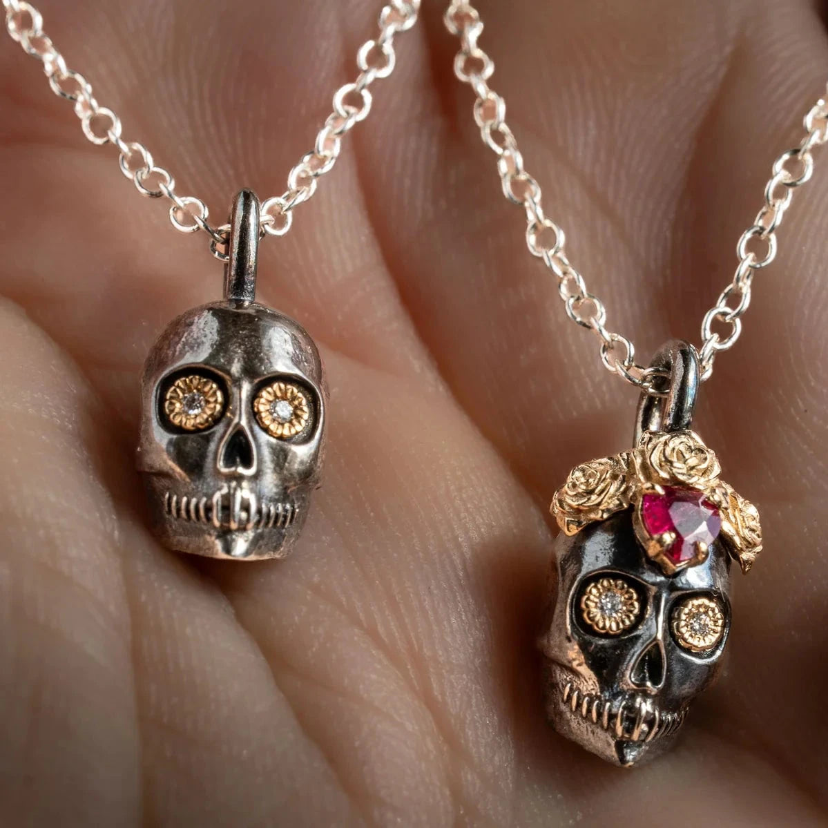 Underworld Diamond Skull Necklace - Sterling Silver & 14k Gold