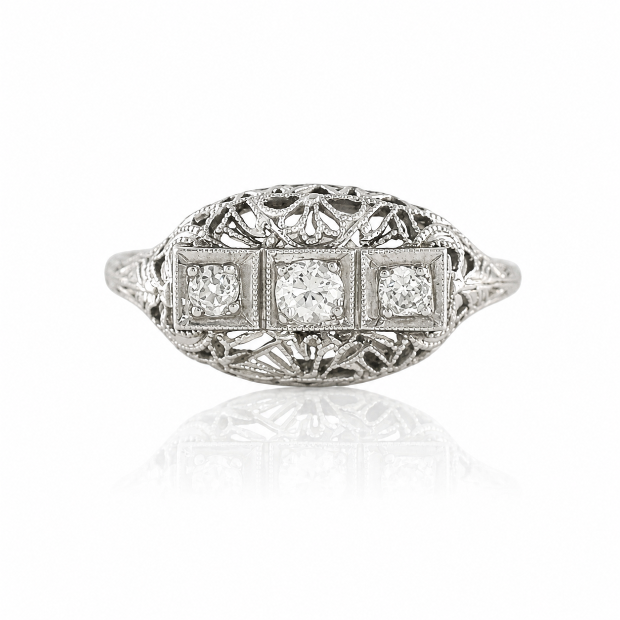 Art Deco Three Stone Diamond Ring - Vintage 18K White Gold Antique Milgrain Ring - 0.18ct Old Cut Diamonds