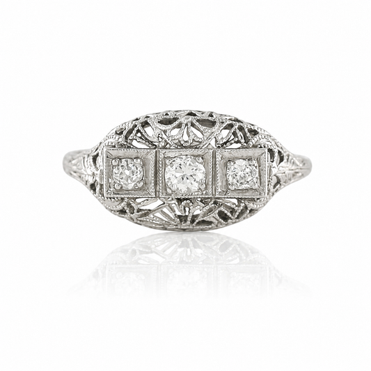 Art Deco Three Stone Diamond Ring - Vintage 18K White Gold Antique Milgrain Ring - 0.18ct Old Cut Diamonds
