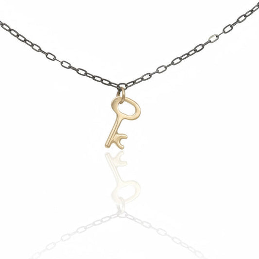 Tiny Golden Key Necklace - 14k Yellow Gold & Oxidized Sterling Silver