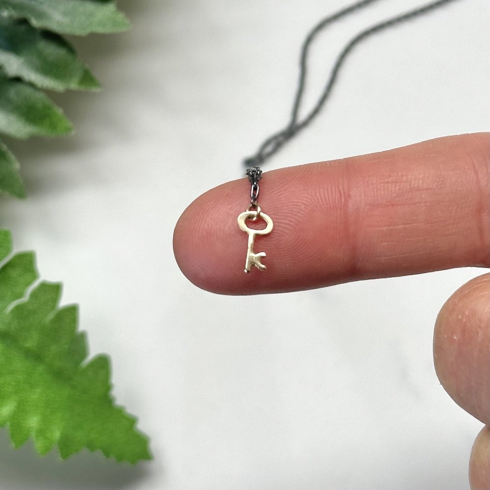 Tiny Golden Key Necklace - 14k Yellow Gold & Oxidized Sterling Silver