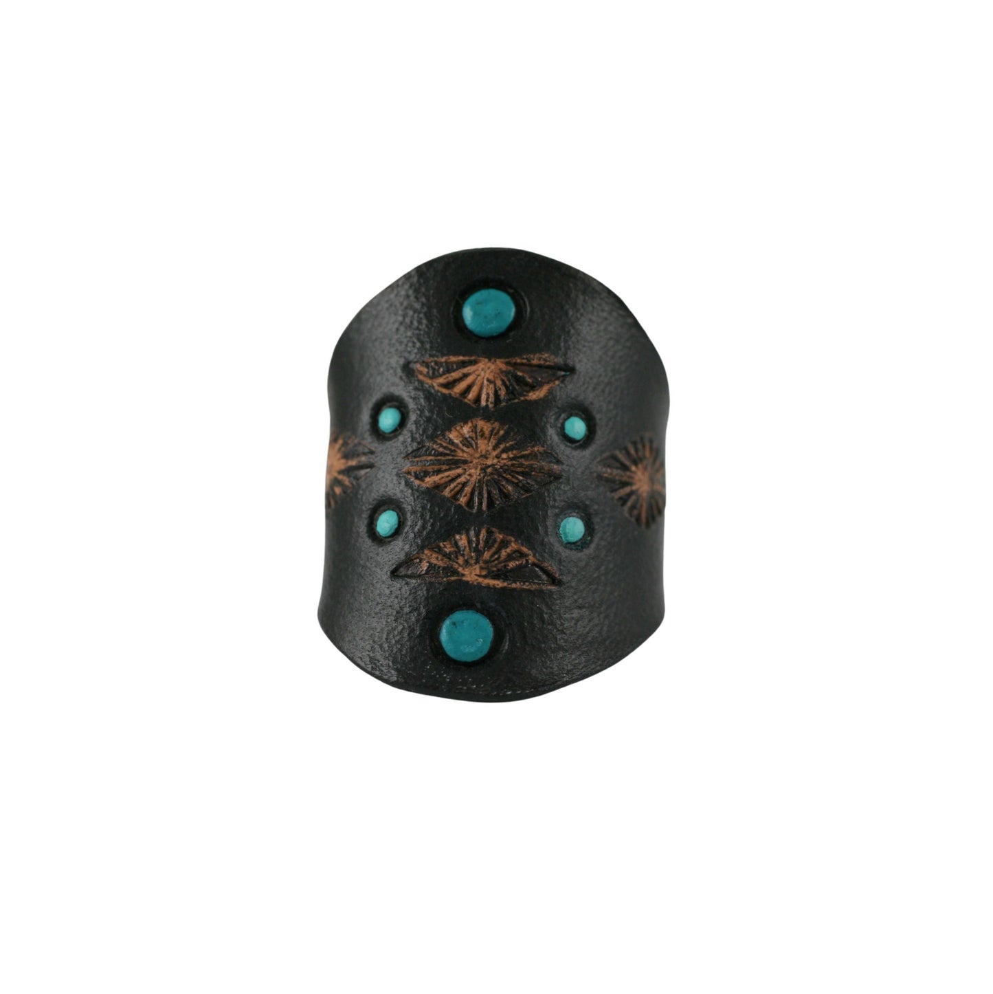 Front view of a black tooled leather ring with turquoise inlay on a white background.