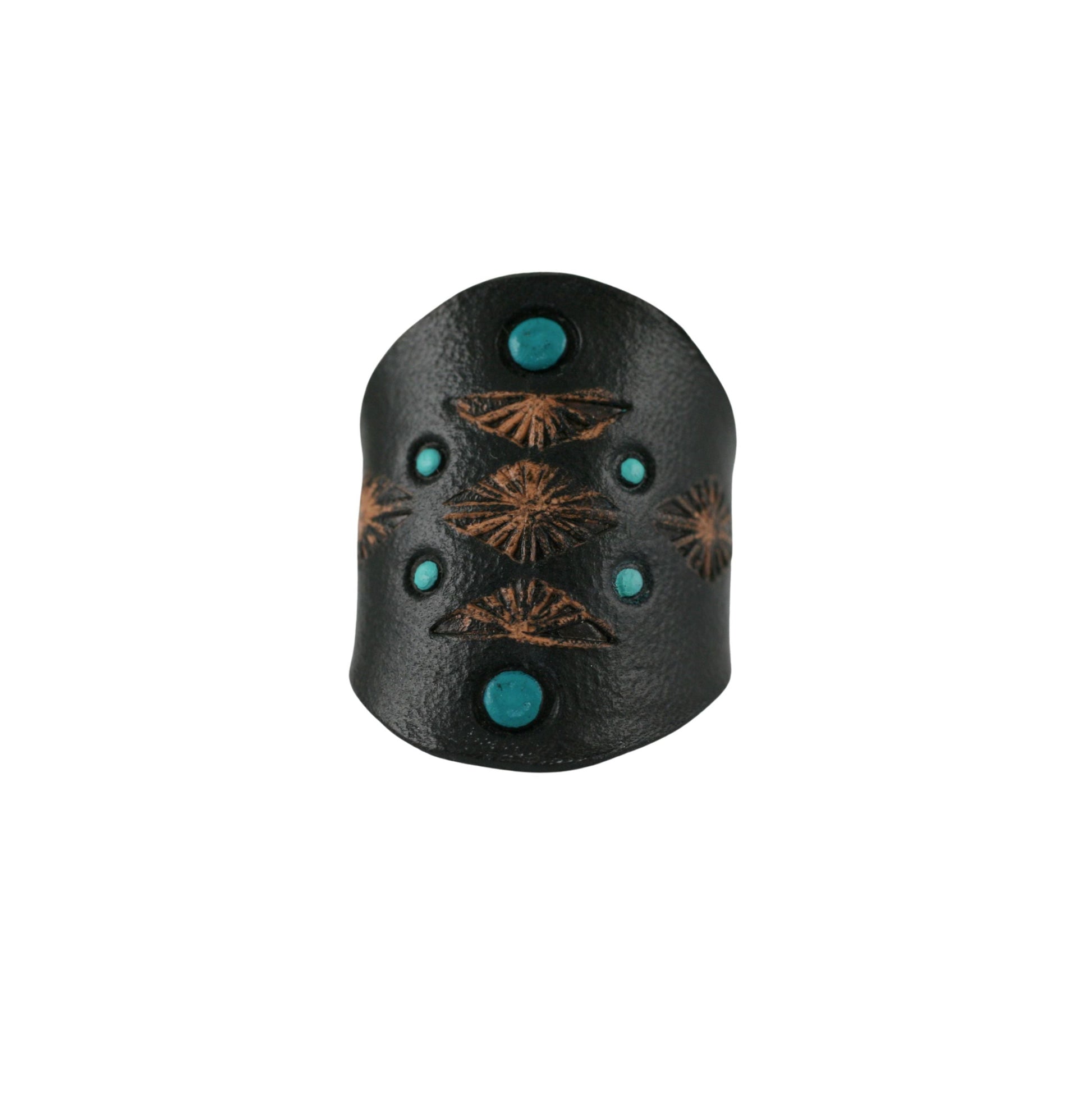 Front view of a black tooled leather ring with turquoise inlay on a white background.
