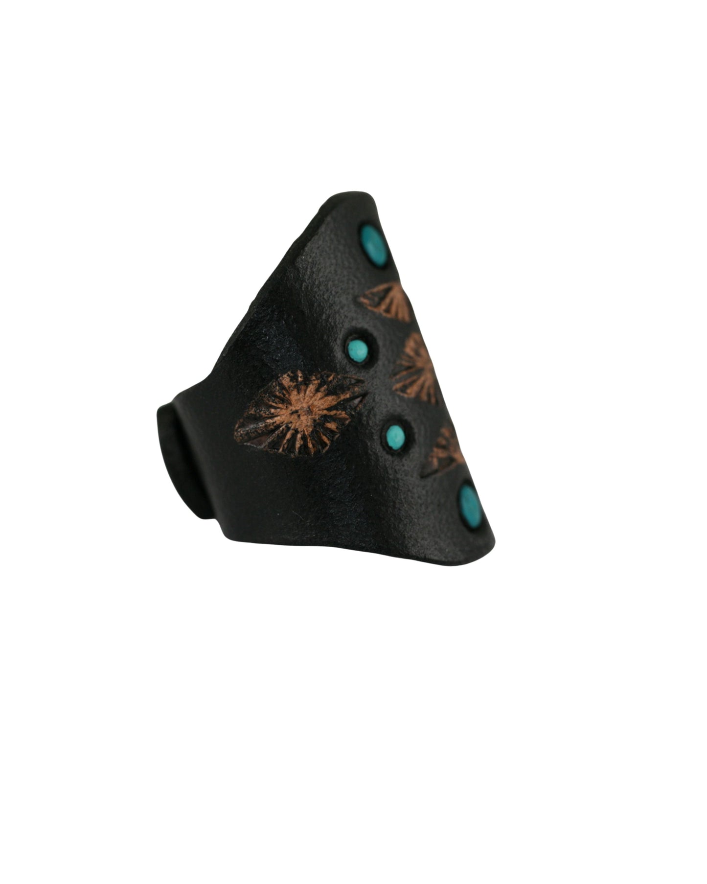 Side view of a black hand-tooled leather ring featuring turquoise accents and floral patterns.