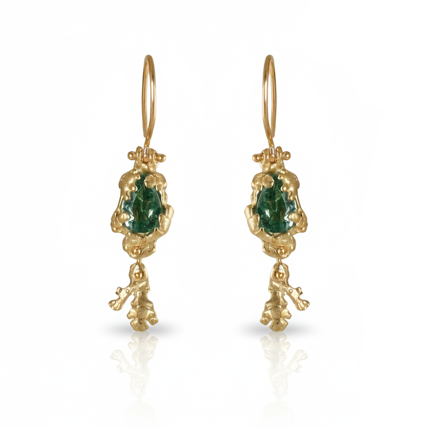 Coral Tourmaline Dangle Earrings – 14k Gold