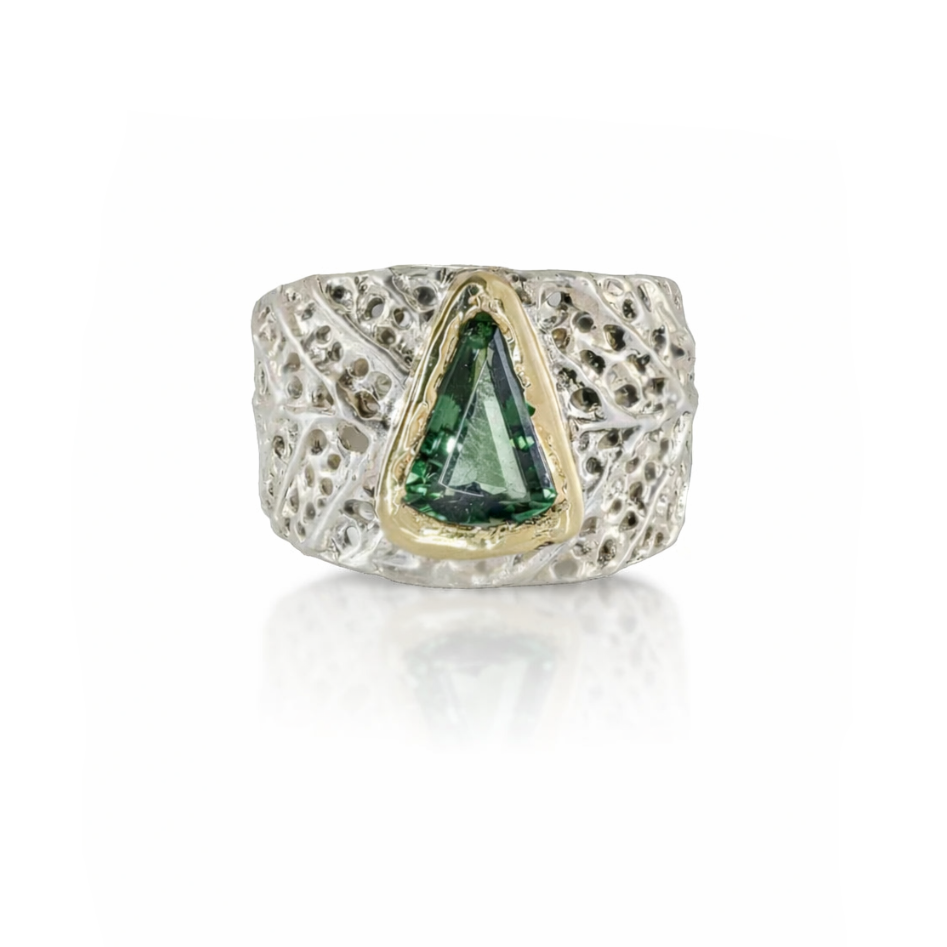 Tourmaline Adjustable Litter-fall Ring V – Sterling Silver & 14k Gold