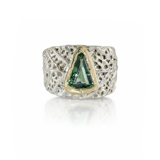 Tourmaline Adjustable Litter-fall Ring V – Sterling Silver & 14k Gold