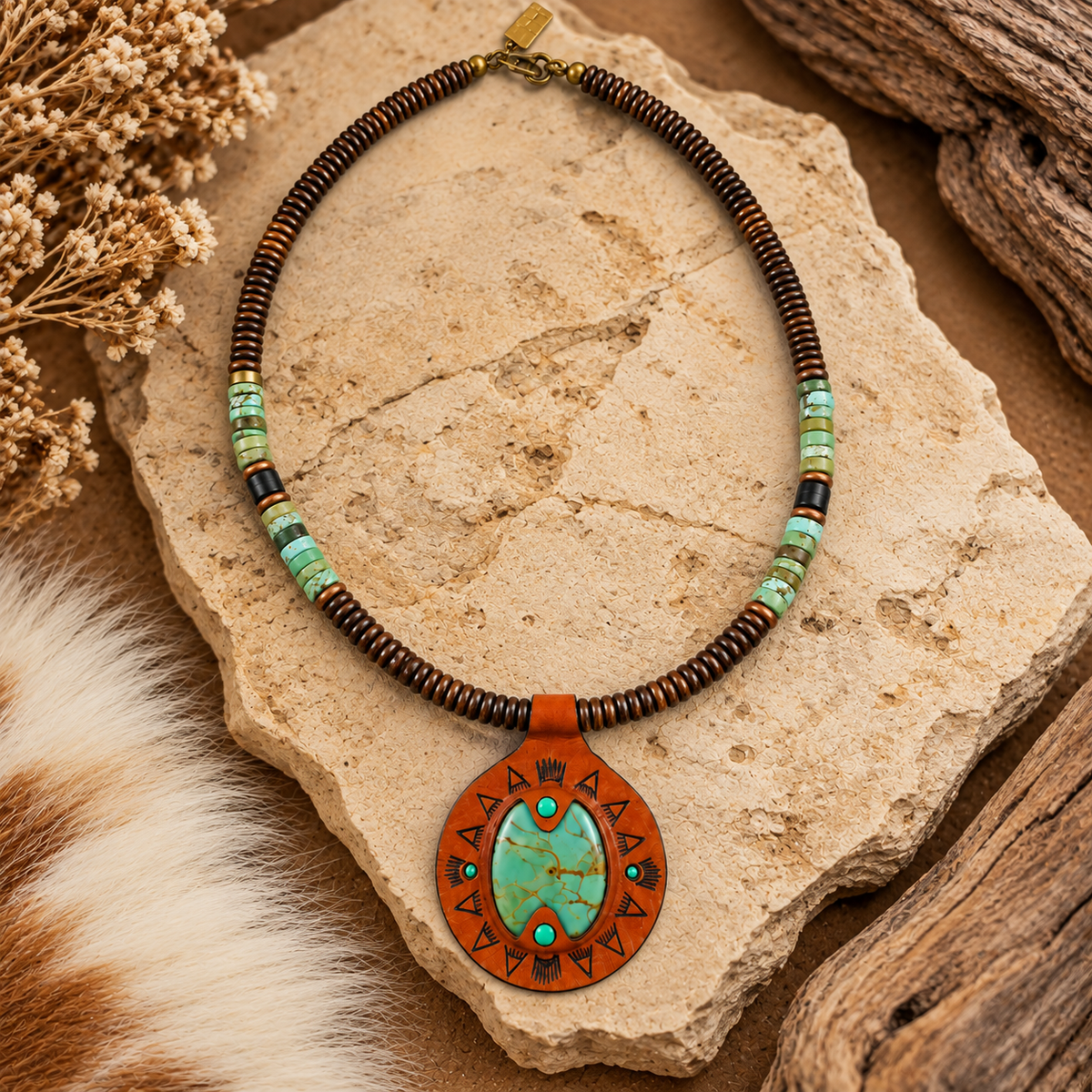 Hubei Turquoise Beaded Necklace – Brown Leather Pendant