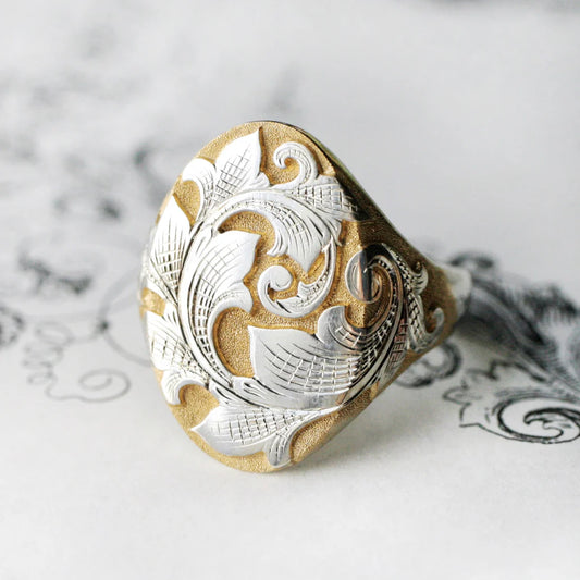 North-South Two Tone Acanthus Signet Ring