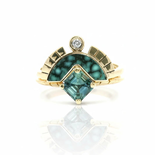 The Datsuzoku Set - 14k Gold, Montana Sapphire & Variscite Wedding Set