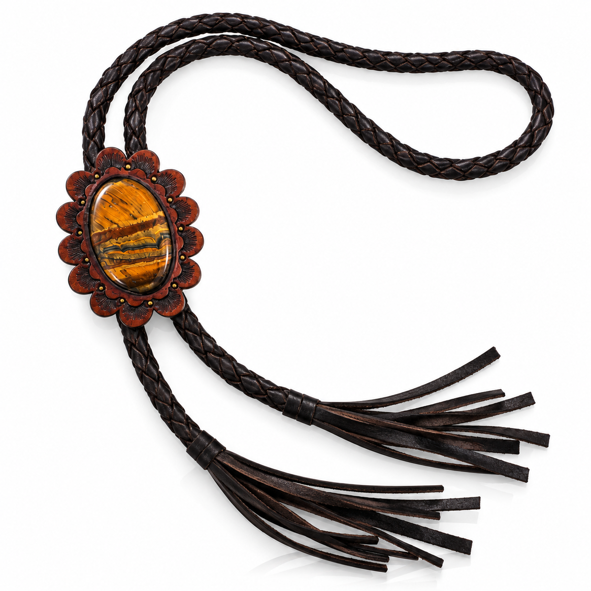 Tiger Eye Scalloped Leather Bolo Tie – Handmade Western Jewelry