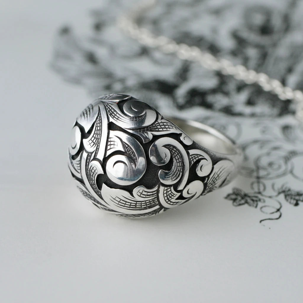 Silver Scroll Bombe Ring - Hand Engraved Sterling Silver