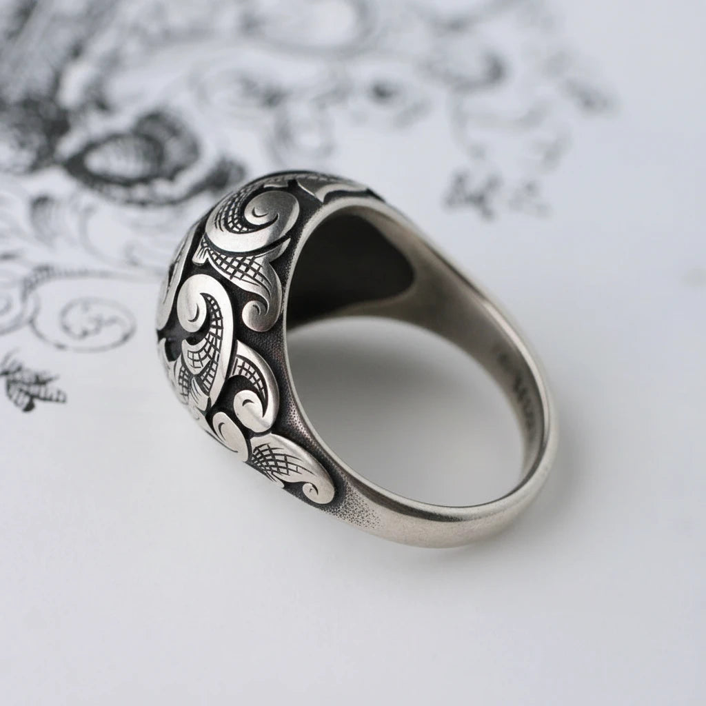 Silver Scroll Bombe Ring - Hand Engraved Sterling Silver