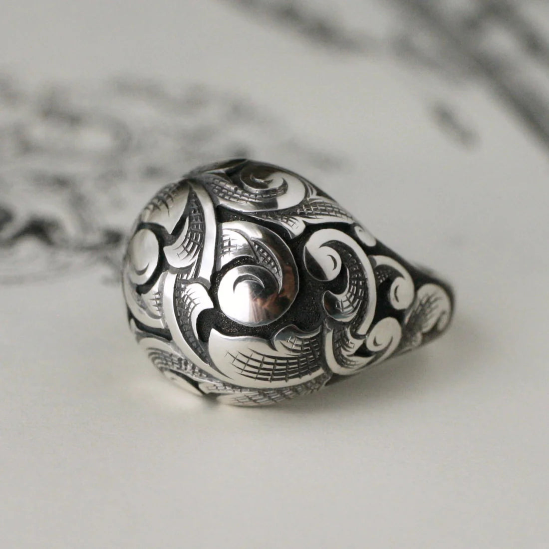 Silver Scroll Bombe Ring - Hand Engraved Sterling Silver