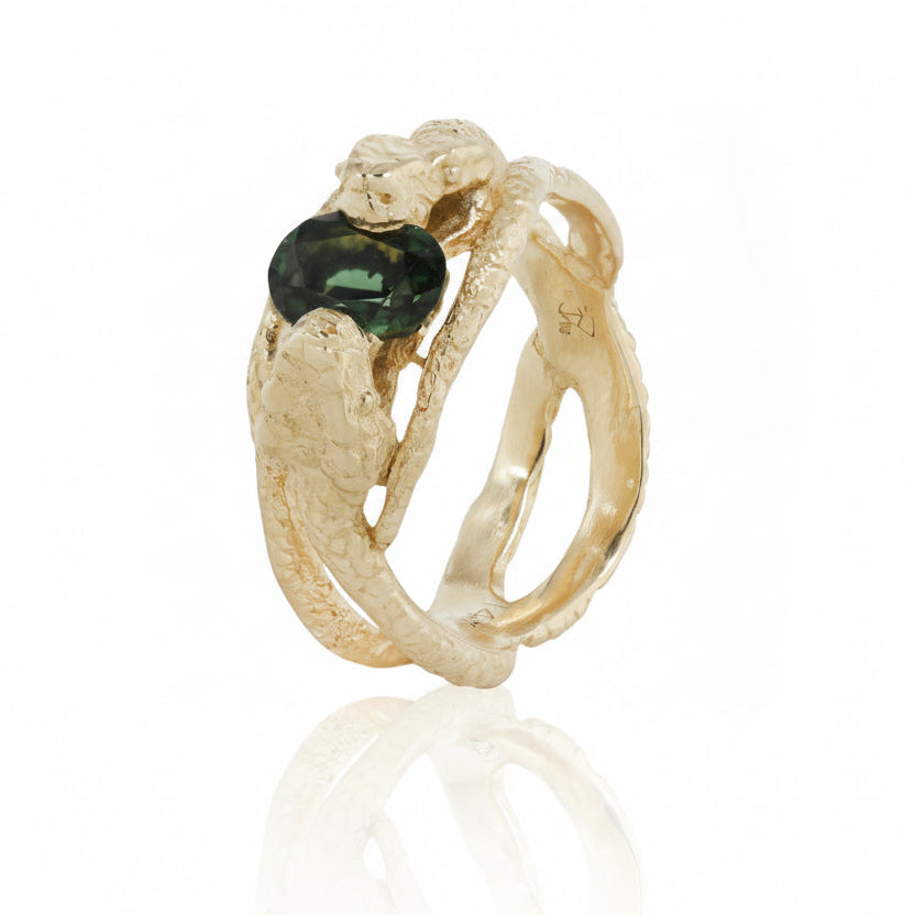 Slithering Snakes Ring – 14k Gold & Green Sapphire