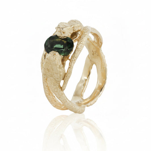 Slithering Snakes Ring – 14k Gold & Green Sapphire