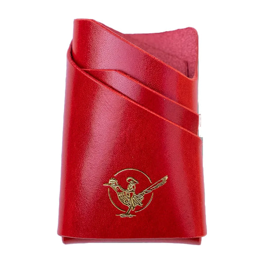Red El Bolsillo Wallet by Andy Garcia of Nando's Leather Goods, featuring hand-folded leather, an angled pocket design, and gold-stamped roadrunner.